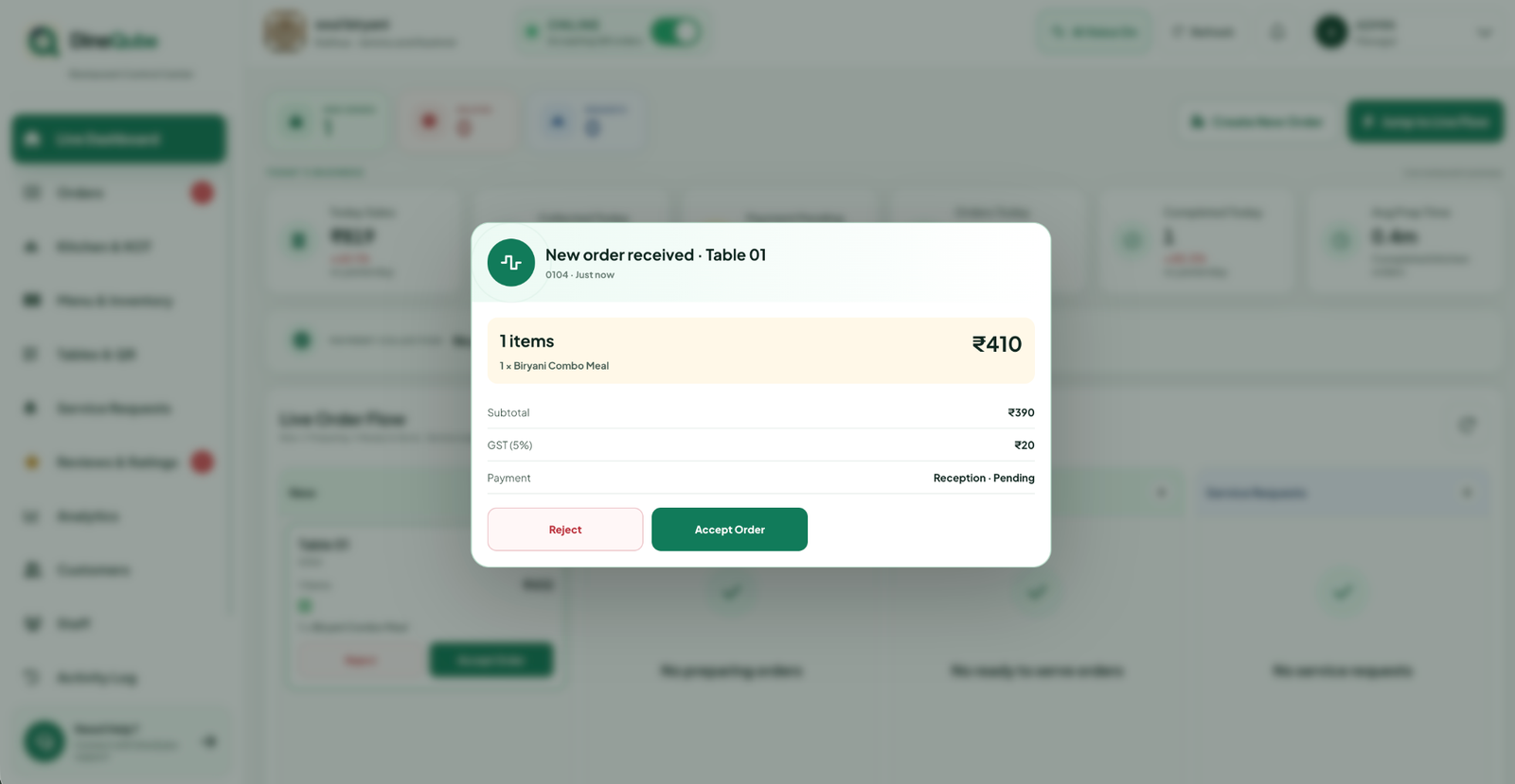 Restaurant dashboard